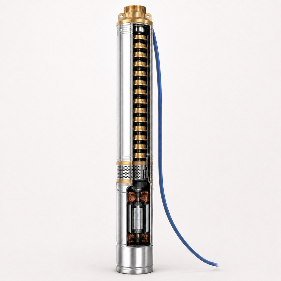 ATB PowerLine 4SDM4/14 dalg�� pompan�n hidrolik kademelerini ve motor i� yap�s�n� g�steren �ematik kesit